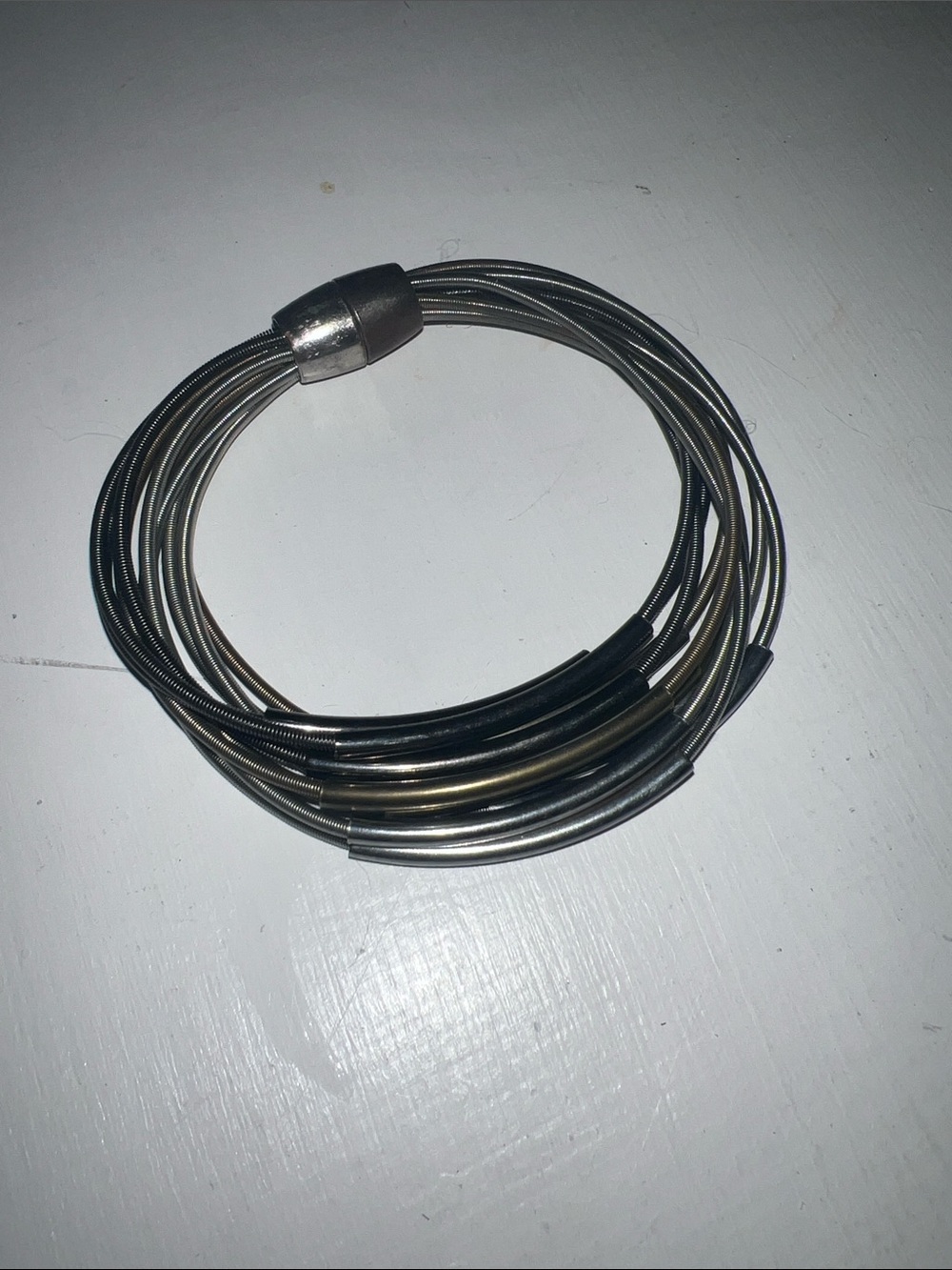 Multi-Strand Metallic Coil Bracelet in Silver and Gunmetal